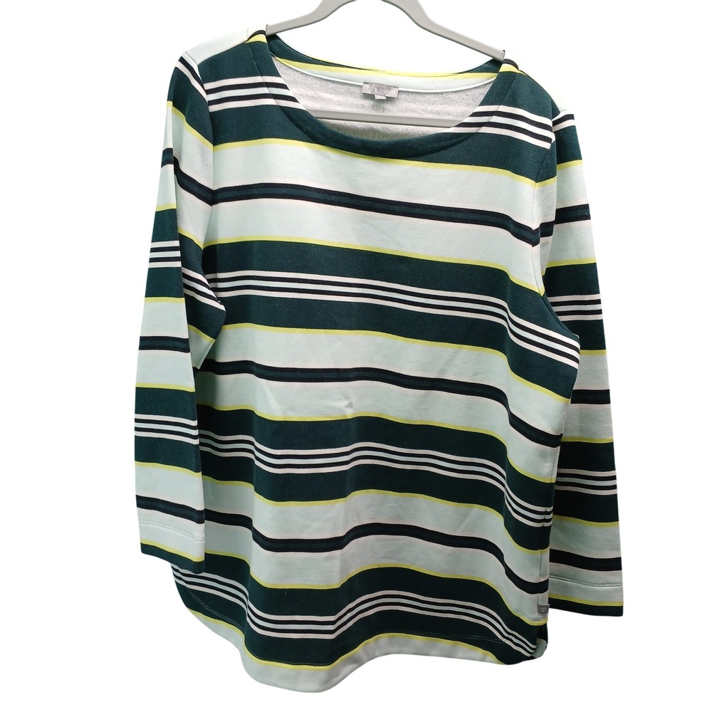 T by Talbots Striped Long Sleeve Sweatshirt Pullover Top 2X Green‎ White Yellow